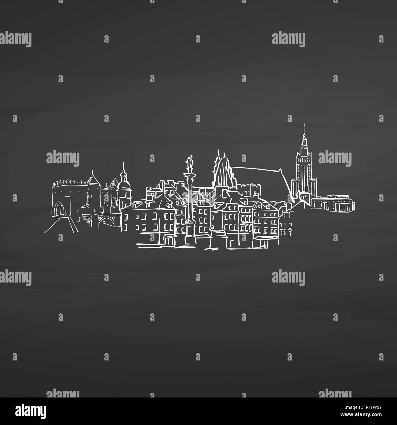 Varsavia Polonia segni sulla lavagna. Digital chalk disegnata disegno vettoriale sulla lavagna. Capitali europee destinazioni. Illustrazione Vettoriale