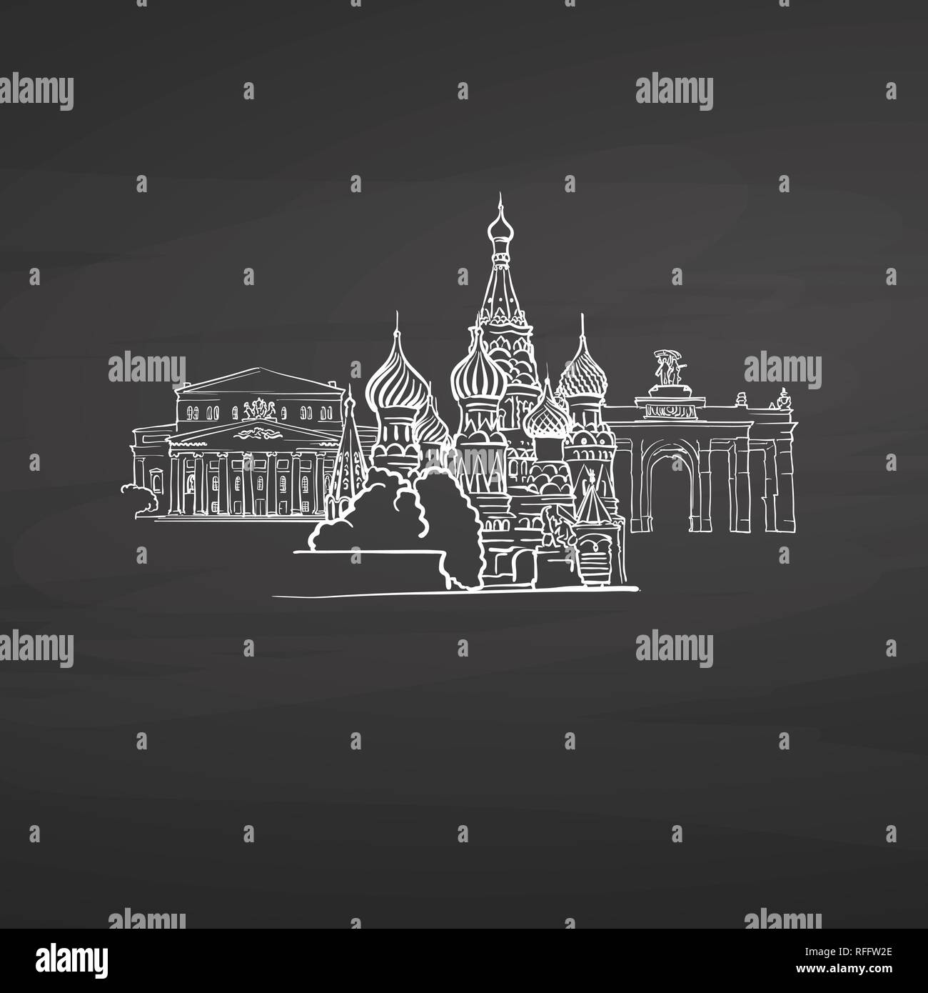 Mosca Russia segni sulla lavagna. Digital chalk disegnata disegno vettoriale sulla lavagna. Capitali europee destinazioni. Illustrazione Vettoriale