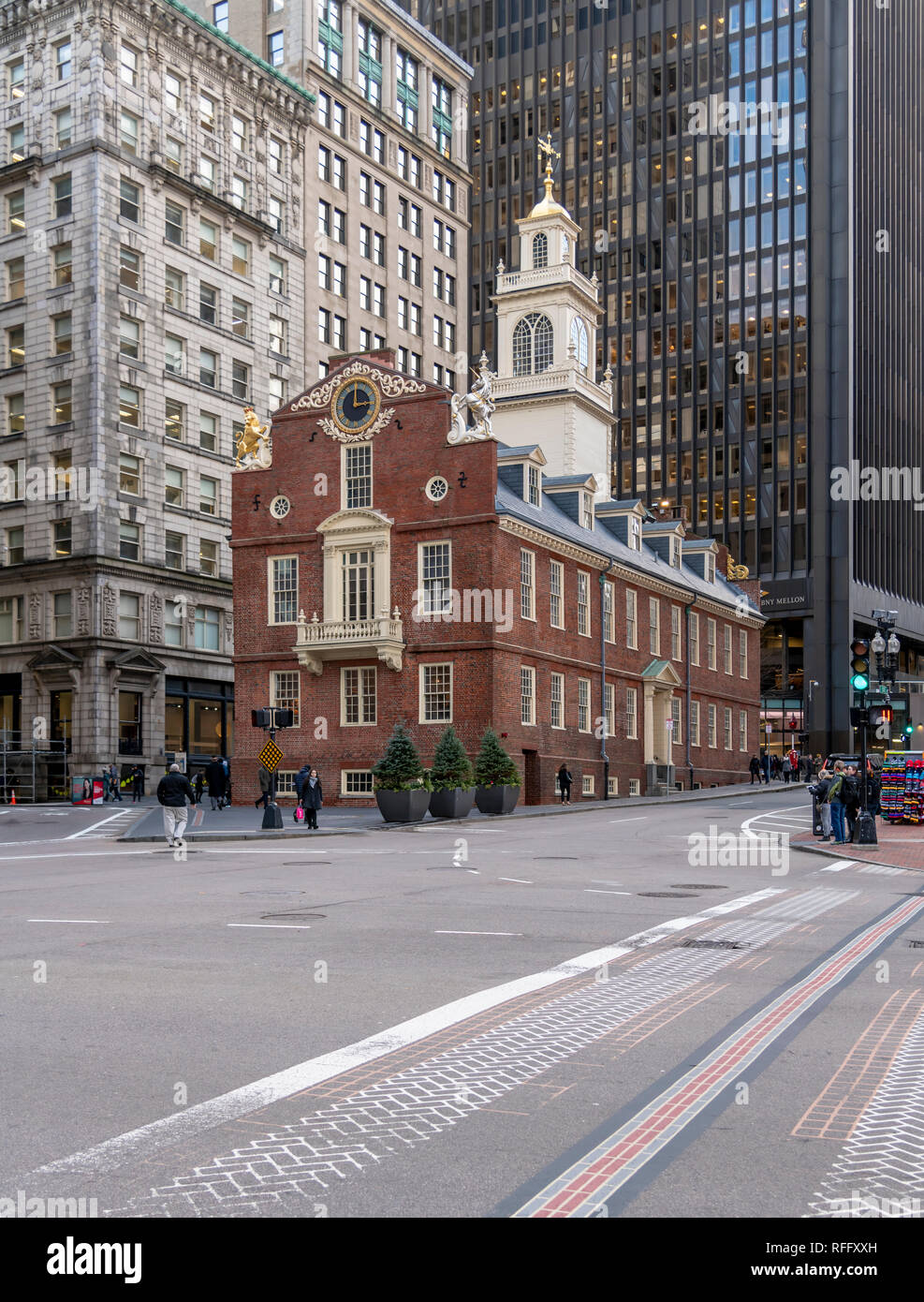 La Old State House di Boston. Il sito storico della dichiarazione di indipendenza in fase di lettura dal balcone nel 1776. Foto Stock
