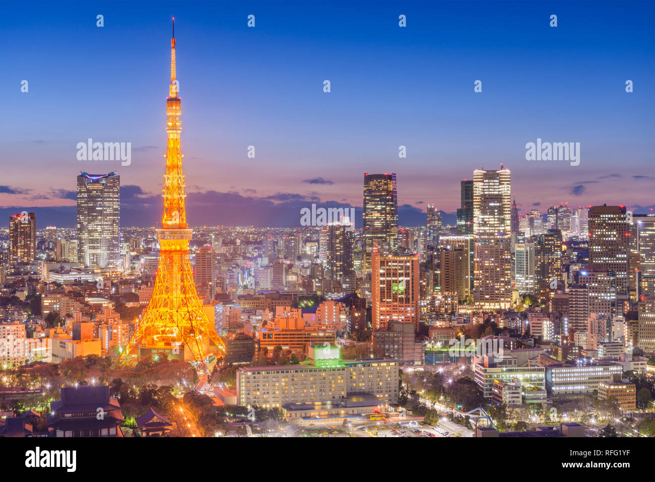 Tokyo, Giappone cityscape e torre al tramonto. Foto Stock