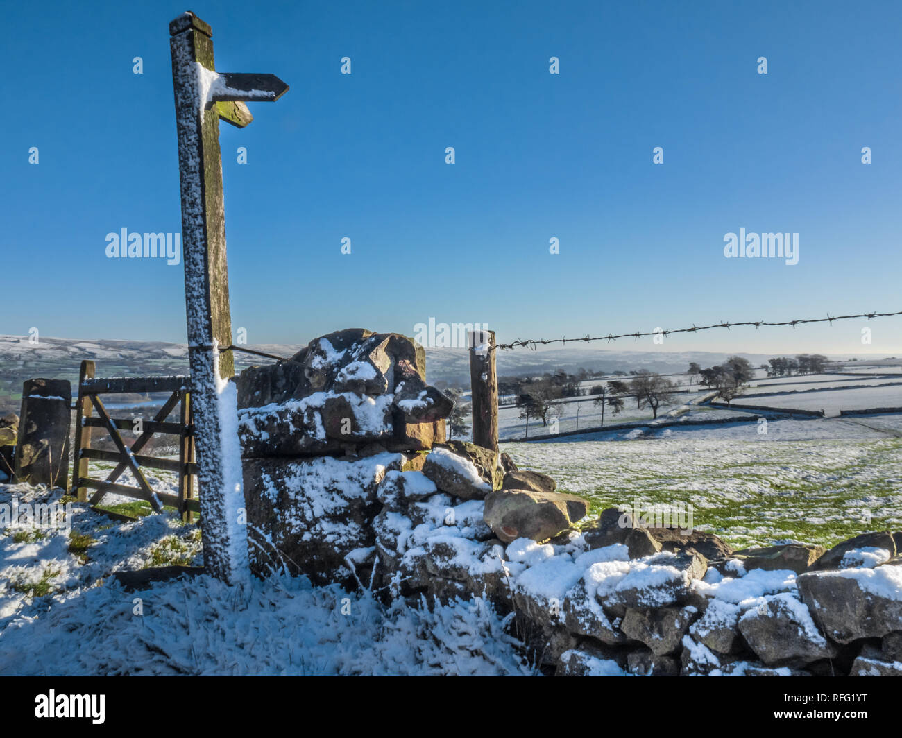 Snowy scena con sentiero pubblico segno. Staffordshire Moorlands, REGNO UNITO Foto Stock