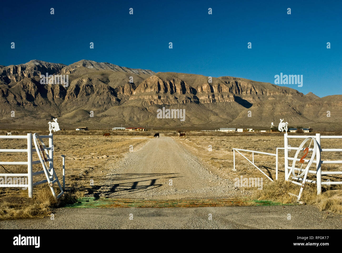 Ingresso e la strada per la storica figura 2 Ranch di Big Bend Country con la Sierra Diablo in distanza, deserto del Chihuahuan, vicino a Van Horn, Texas, Stati Uniti d'America Foto Stock