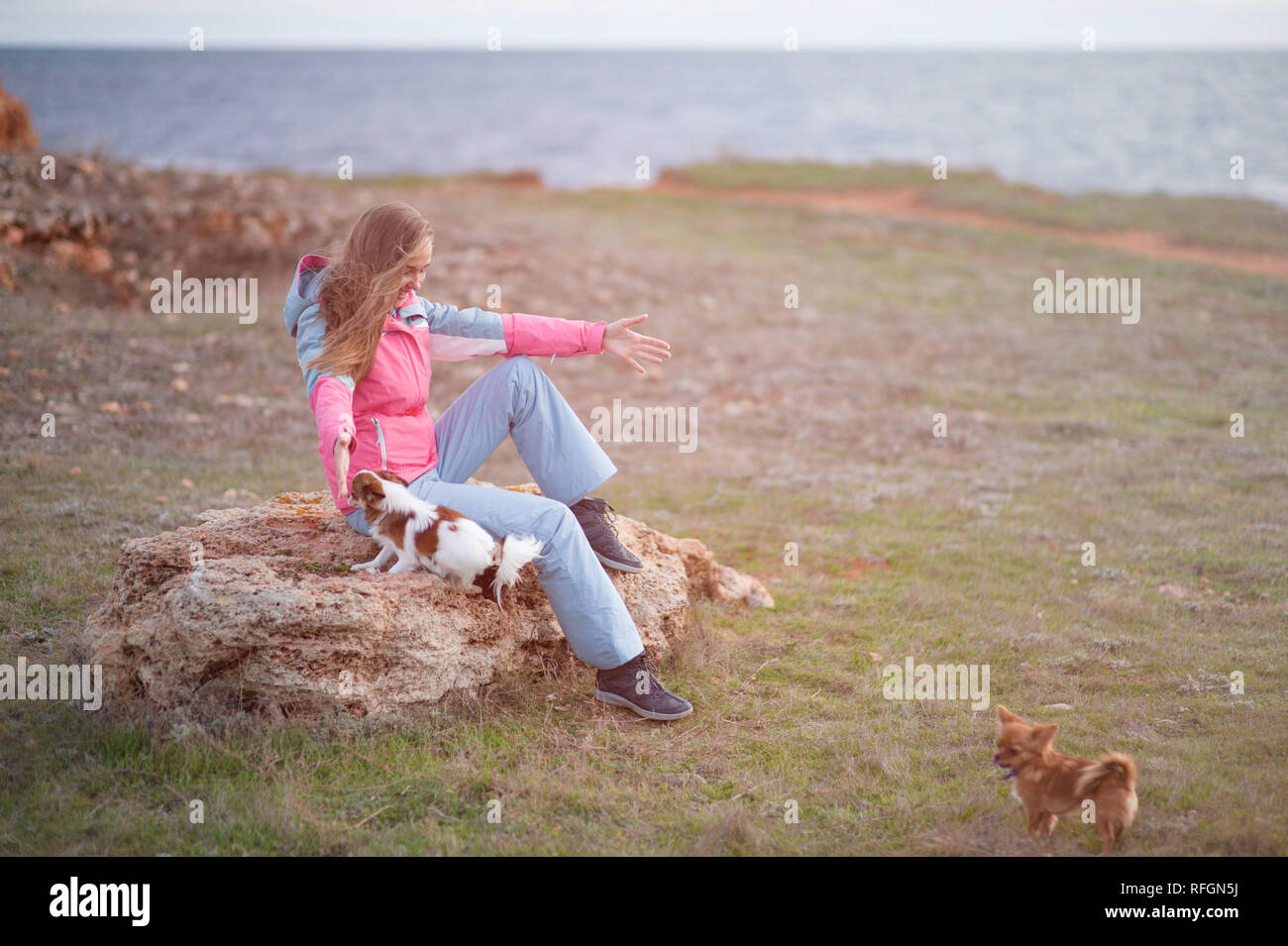 Deliziosa giovane donna giocando con i suoi piccoli animali cani sul mare freddo inverno shore Foto Stock