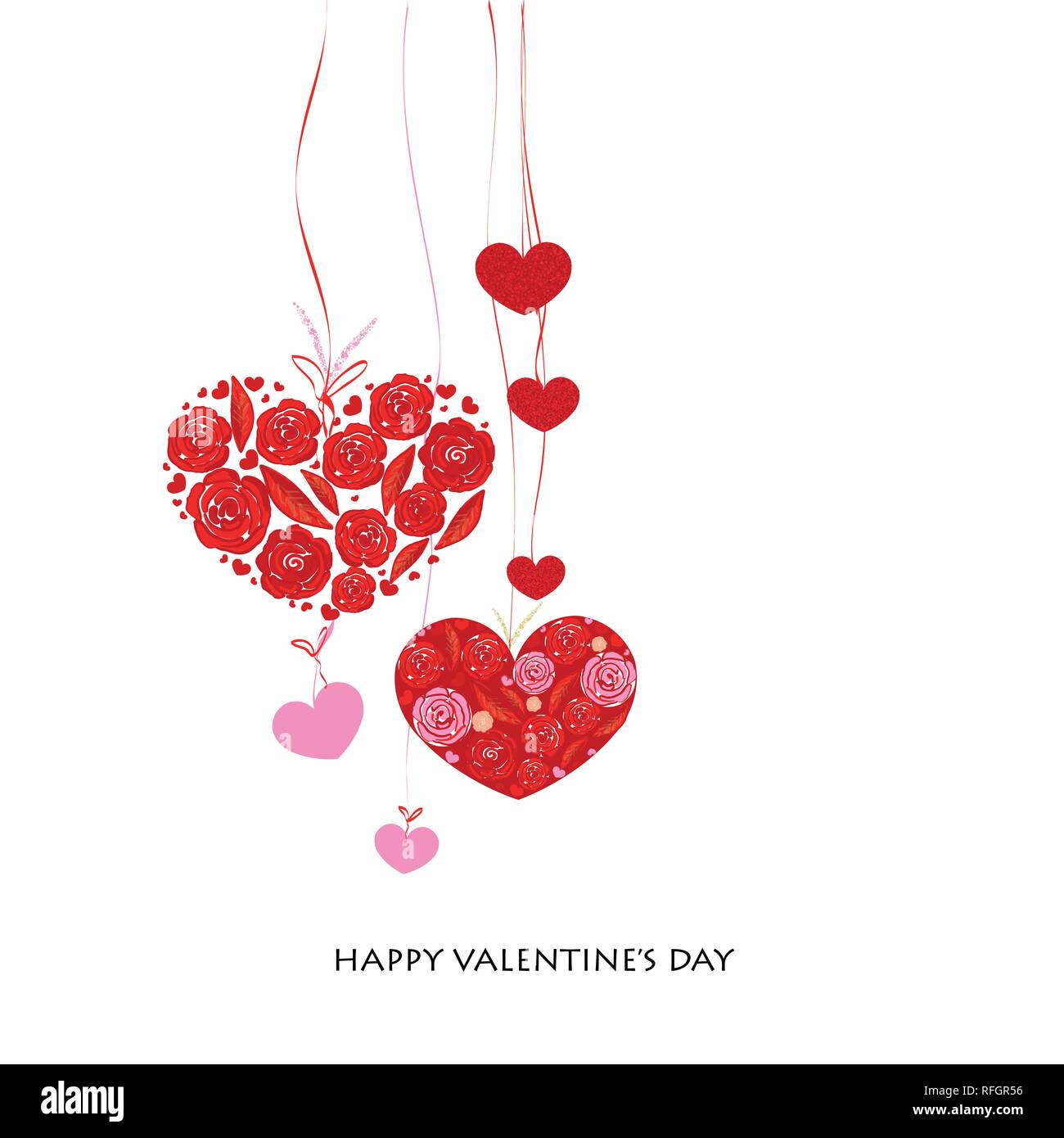 Buon San Valentino biglietto di auguri. Cuore di rose appese e splendente glitter cuori rossi Illustrazione Vettoriale