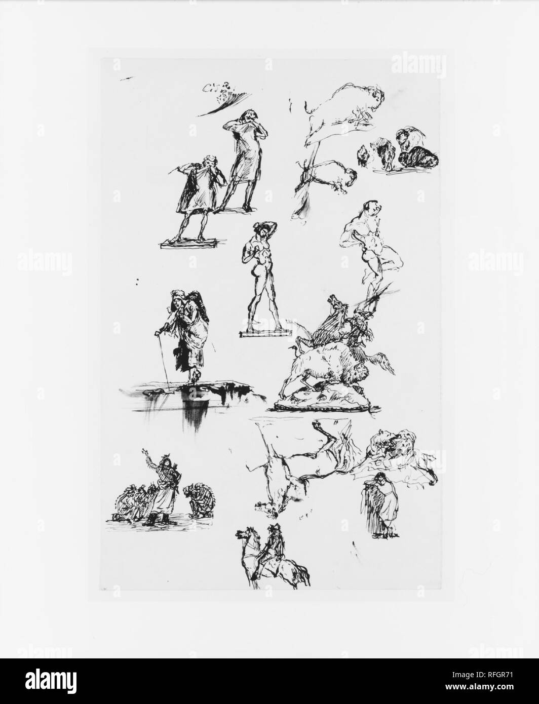 Nativi Americani e studi equestre (da Sketchbook). Artista: John Quincy Adams Ward (American, Urbana, Ohio 1830-1910 New York). Dimensioni: 8 1/16 x 5 1/16 in. (20,5 × 12,9 cm). Data: ca. 1860. Ward, uno studente di Henry Kirke Brown, divenne noto come il 'Dean della scultura americana." In aggiunta al suo monumentale bronze 'indiano cacciatore,' installato nel Central Park di New York nel 1869, egli ha perseguito diverse altre American Indian soggetti nel 1860s. Questa pagina da un taccuino, che fornisce un ambiente intimo guarda l'artista i propri metodi di lavoro, include classicamente influenzato figure mescolato con Foto Stock
