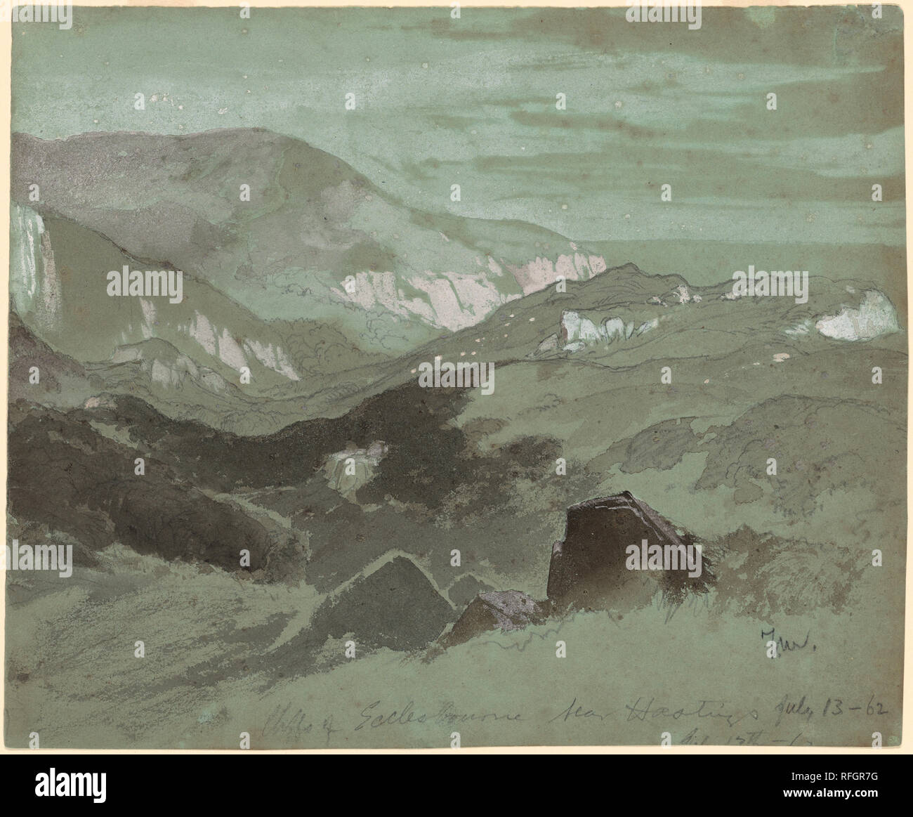 Scogliere di Ecclesbourne vicino a Hastings. Data: 1862. Dimensioni: foglio: 21,91 × 29.21 cm (8 5/8 × 11 1/2 in.). Medium: grafite con lavaggio inchiostro e gouache su grigio carta intessuta. Museo: National Gallery of Art di Washington DC. Autore: Thomas Moran. Foto Stock