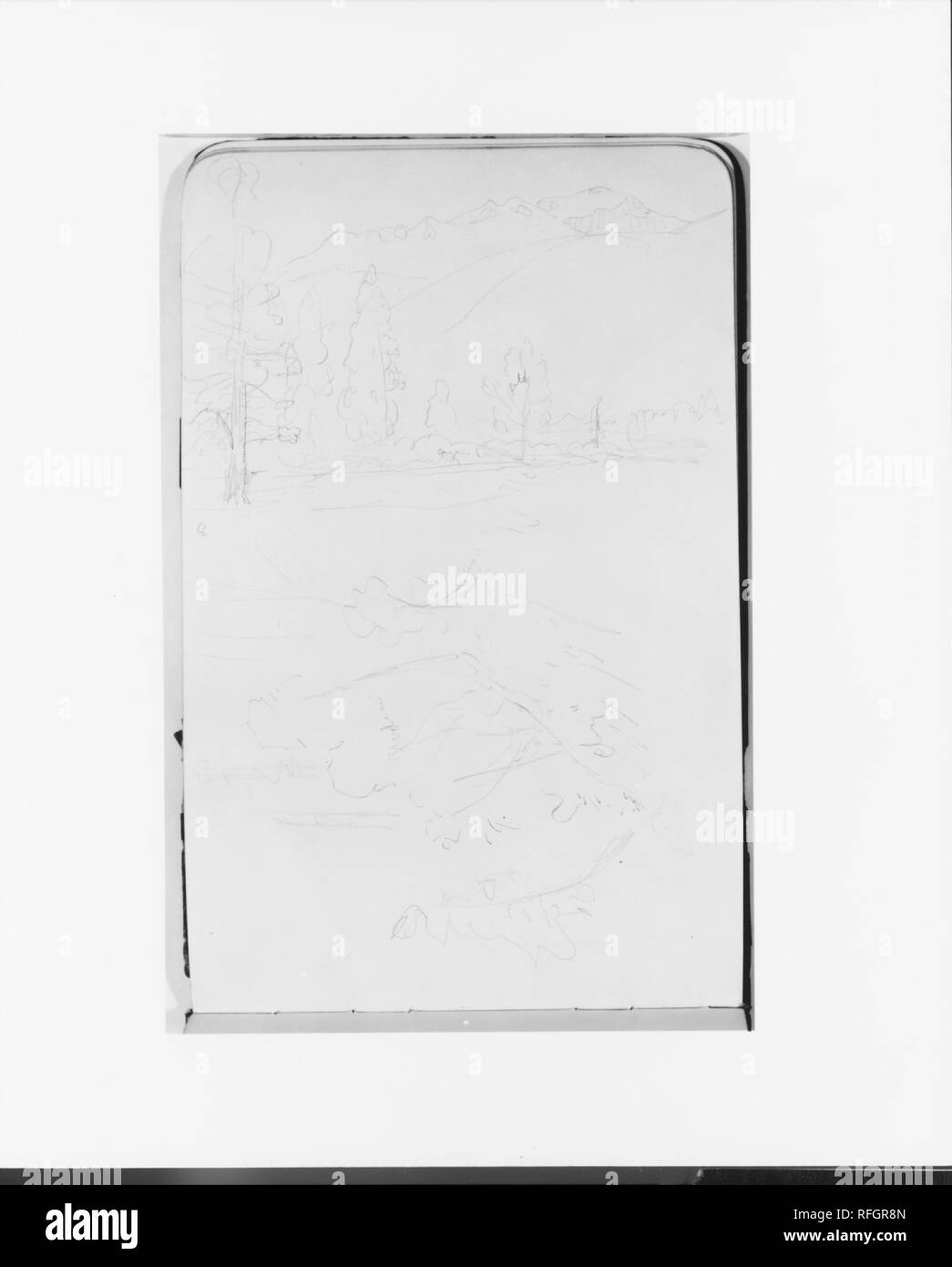 Due schizzi di paesaggio con alberi e montagne (da Sketchbook). Artista: Albert Bierstadt (American, Solingen 1830-1902 New York). Dimensioni: 4 3/4 x 7 3/4 in. (12,1 x 19,7 cm). Data: 1890. Museo: Metropolitan Museum of Art di New York, Stati Uniti d'America. Foto Stock