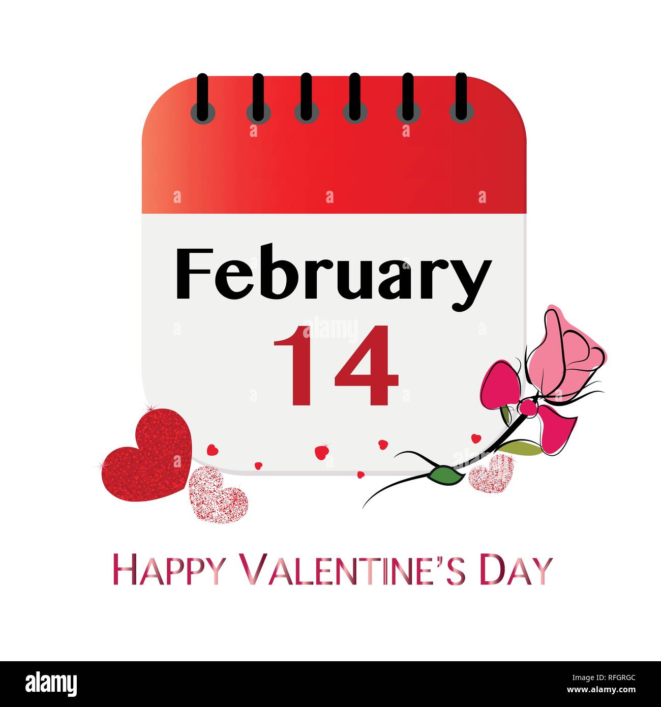 14 febbraio calendario. Shiny sparkle cuori rossi e disegnati a mano rose. Buon San Valentino biglietto di auguri Illustrazione Vettoriale