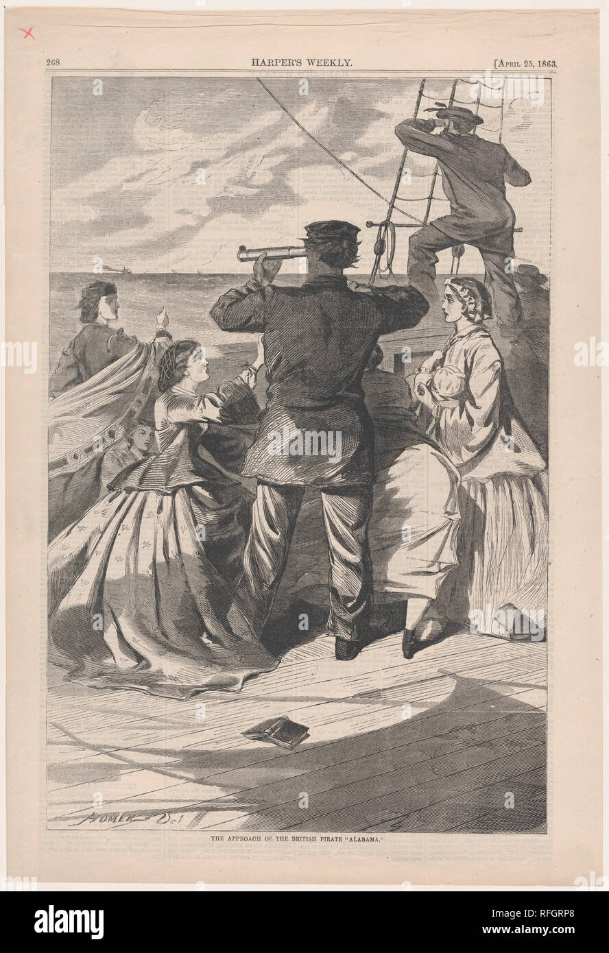 L'approccio del pirata britannico "Alabama" (Harper's Weekly, Vol. VII). Artista: Winslow Homer (American, Boston, Massachusetts 1836-1910 Prouts collo, Maine). Dimensioni: immagine: 13 3/4 x 9 1/8 in. (34,9 x 23,2 cm) foglio: 16 x 10 7/8 in. (40,6 x 27,7 cm). Editore: Harper's settimanale (American, 1857-1916). Data: 25 aprile 1863. Museo: Metropolitan Museum of Art di New York, Stati Uniti d'America. Foto Stock