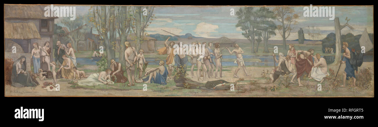 Ludus pro patria patriottico (giochi). Artista: Pierre Puvis de Chavannes (francese, Lione 1824-1898 Paris). Dimensioni: 13 1/8 x 52 7/8 in. (33,3 x 134,3 cm). Data: ca. 1883-89. Puvis di evocazione di antiche Francia mostra i giovani atleti della formazione con i lucci (<i>piques</i> in francese), l'arma tradizionale della regione Piccardia e ripetutamente l'origine della provincia il nome. Un uomo ha gettato la sua lancia in aria e si prepara a prenderlo - un raro momento di spontaneità in Puvis la scrittura. Questo lavoro è una replica di dimensioni ridotte di un murale che il pittore completata nel 1882 e installato nel 1888 ho Foto Stock