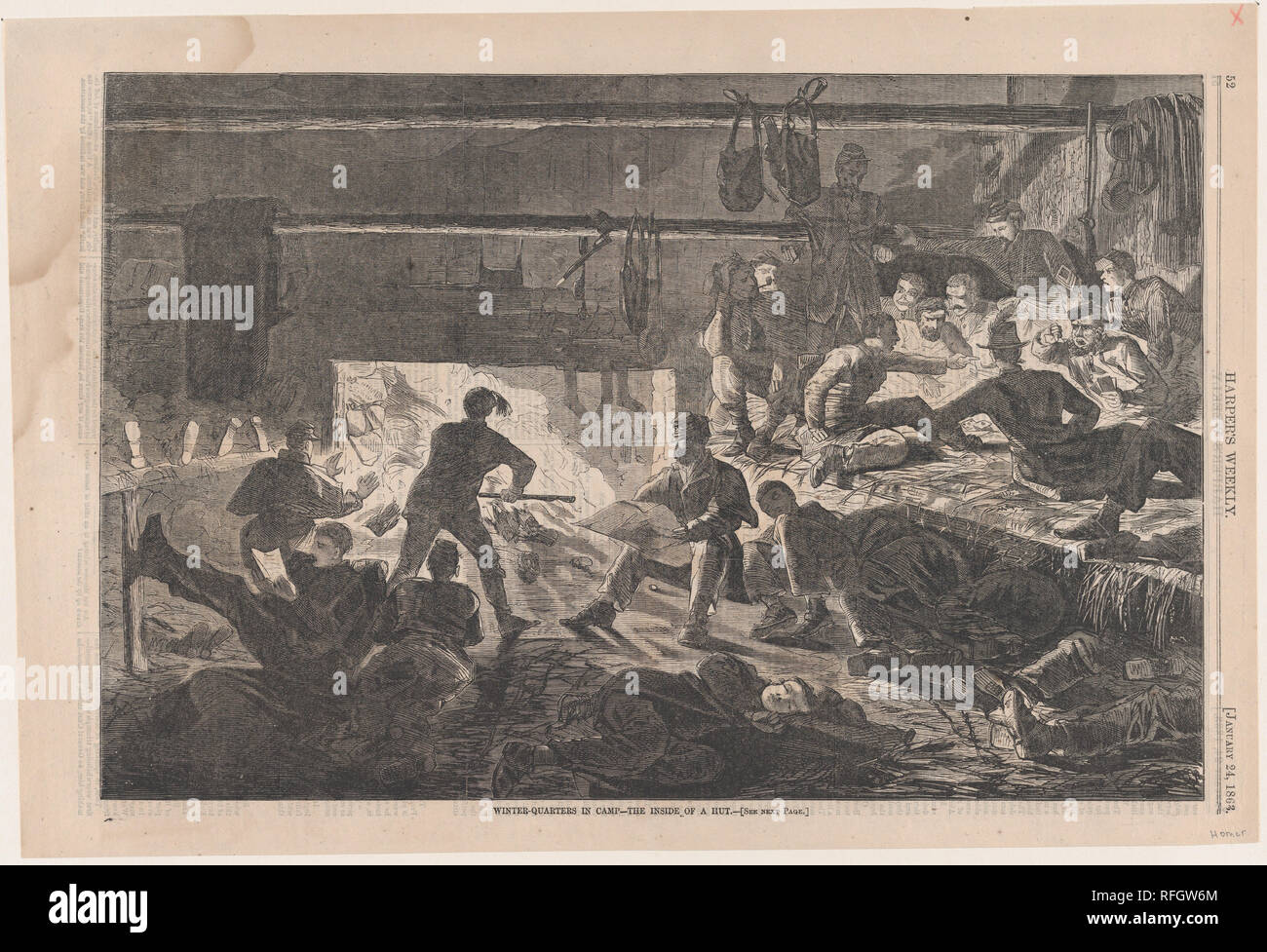 Winter Quarters in Camp - all'interno di una capanna (Harper's Weekly, Vol. VII). Artista: Winslow Homer (American, Boston, Massachusetts 1836-1910 Prouts collo, Maine). Dimensioni: Immagine: 9 1/8 x 13 7/8 in. (23,2 x 35,2 cm) foglio: 10 5/8 x 15 11/16 in. (27 x 39,8 cm). Editore: Harper's settimanale (American, 1857-1916). Data: 24 gennaio 1863. Museo: Metropolitan Museum of Art di New York, Stati Uniti d'America. Foto Stock