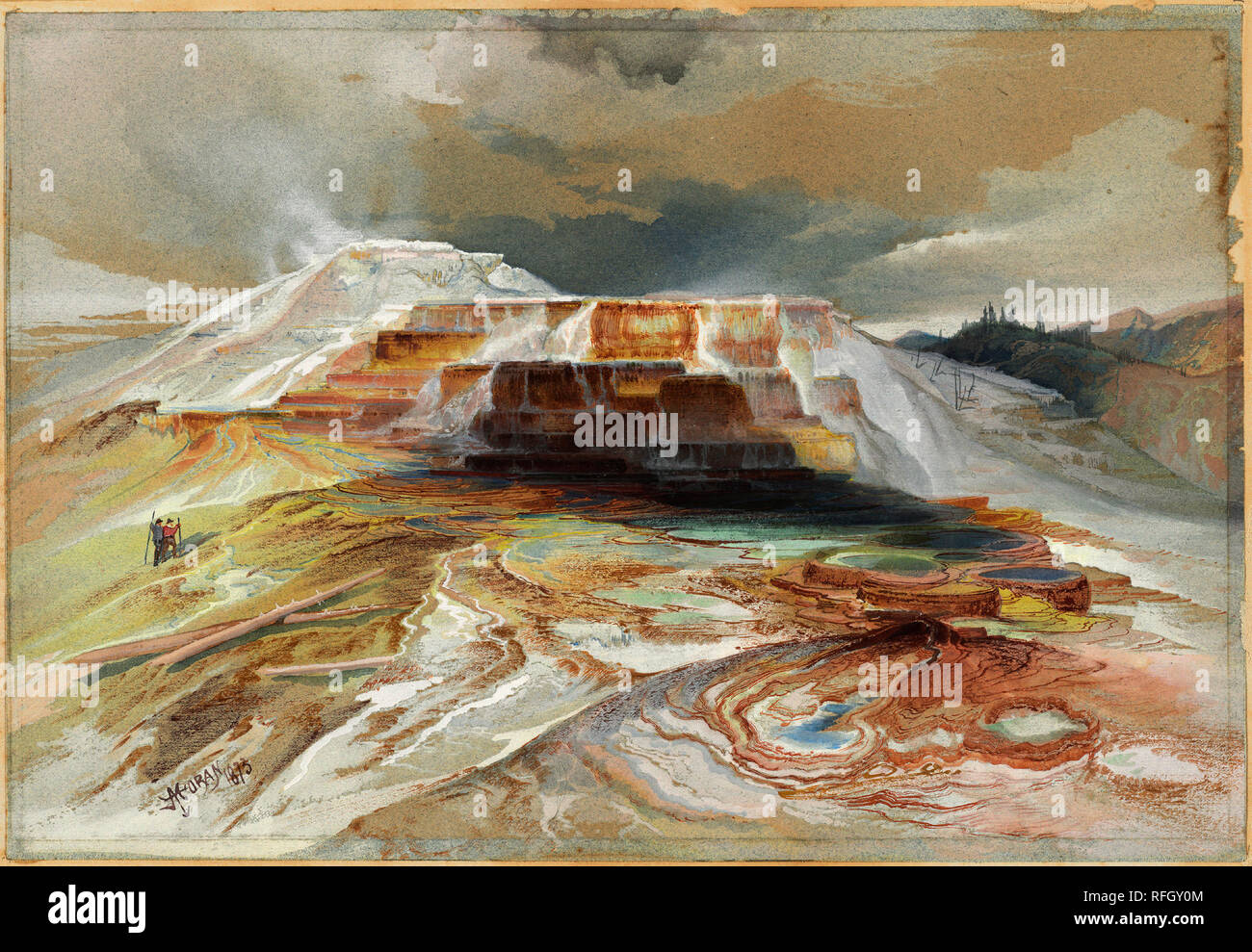 Sorgenti calde di Gardiner il fiume Yellowstone. Data: 1873. Dimensioni: IMMAGINE: 25,1 × 36,3 cm (9 7/8 × 14 5/16 in.). montaggio: 37,8 × 49,6 cm (14 7/8 × 19 1/2 in.). Medium: acquerello e gouache su Grafite su carta blu. Museo: National Gallery of Art di Washington DC. Autore: Thomas Moran. Foto Stock