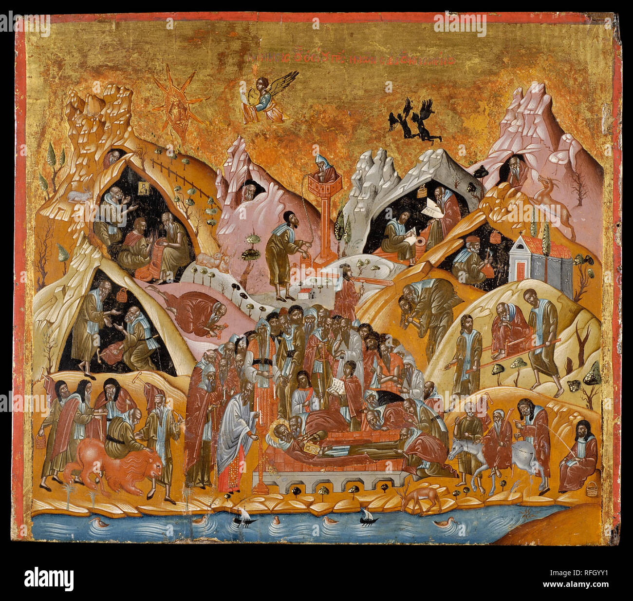 La dormizione della St Savvas. Data/Periodo: 1570 - 1630. Icona. Altezza: 383 mm (15.07 in); larghezza: 439 mm (17.28 in). Autore: Artista sconosciuto. Icona bizantina. Foto Stock