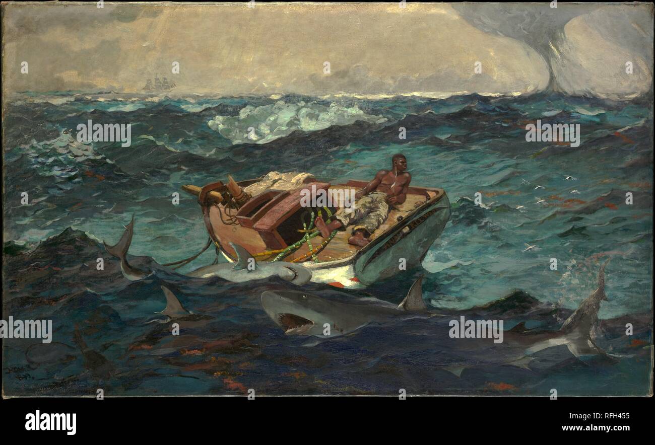 La Corrente del Golfo. Artista: Winslow Homer (American, Boston, Massachusetts 1836-1910 Prouts collo, Maine). Dimensioni: 28 1/8 x 49 1/8 in. (71,4 x 124,8 cm). Data: 1899. Torna in Prouts collo, Maine, dopo uno dei suoi invernale visite alle Bahamas, Omero dipinto di questa scena drammatica di imminente disastro. Un uomo affronta la sua scomparsa su un dismasted, rudderless barca da pesca, sostenuta solo da un paio di steli di canna da zucchero e minacciato da squali e distante un trombe. Egli dimentica la goletta sull'orizzonte a sinistra, che Omero successivamente aggiunto alla tela come un segno di speranza il salvataggio. Alcuni storici dell'arte hav Foto Stock
