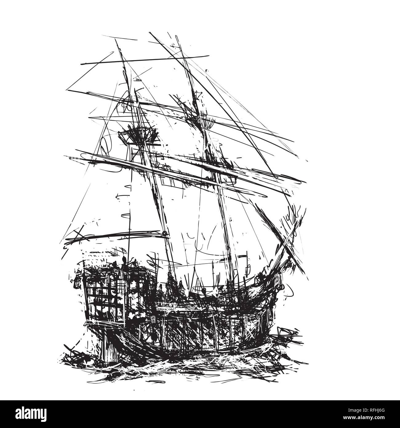 Sketchy style sailing nave pirata in mare Illustrazione Vettoriale