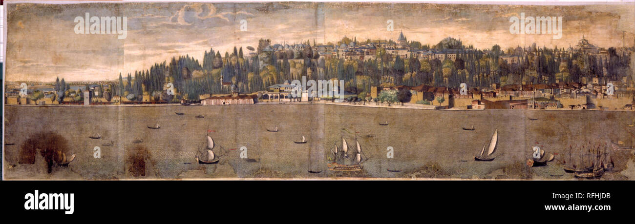 Panorama di Costantinopoli. Data/Periodo: 1700 - 1799. Stampa. Altezza: 320 mm (12.59 in); larghezza: 3,830 mm (12,56 ft). Autore: Artista sconosciuto. Foto Stock