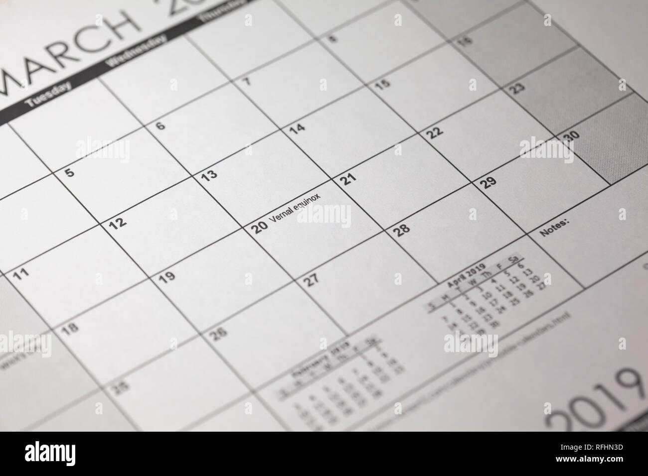 Equinozio di primavera 2019. Chiusura del calendario del mese di marzo 20 PRIMAVERA equinozio di primavera. Foto Stock