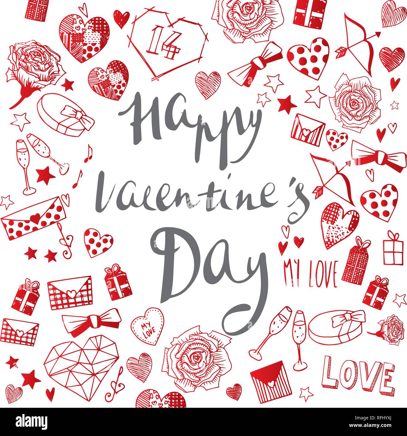 Il giorno di San Valentino scarabocchi illustrazioni vettoriali completa banner Illustrazione Vettoriale