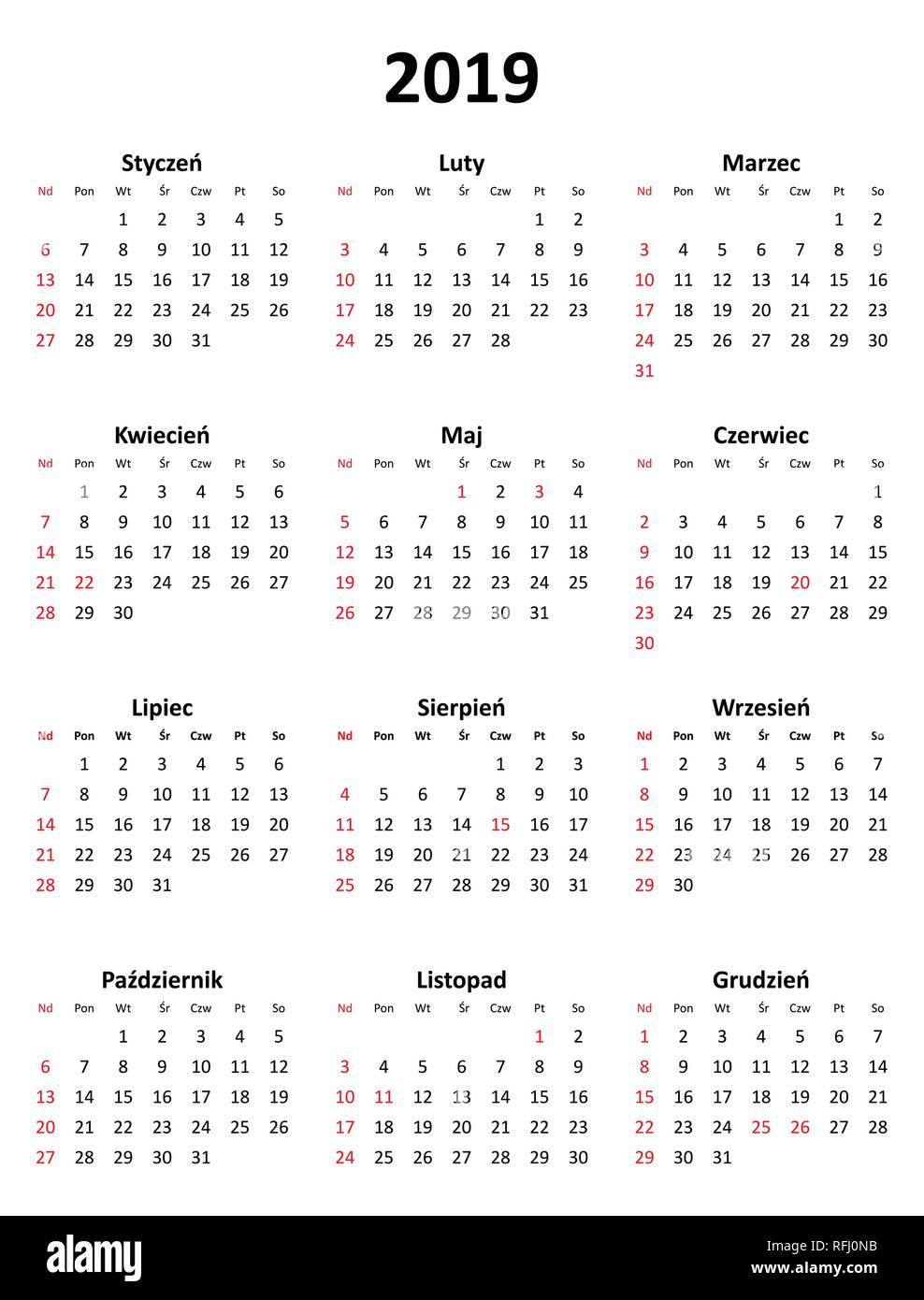 Semplice vettore modificabile il calendario per l'anno 2019 in polacco  isolati su sfondo bianco Immagine e Vettoriale - Alamy