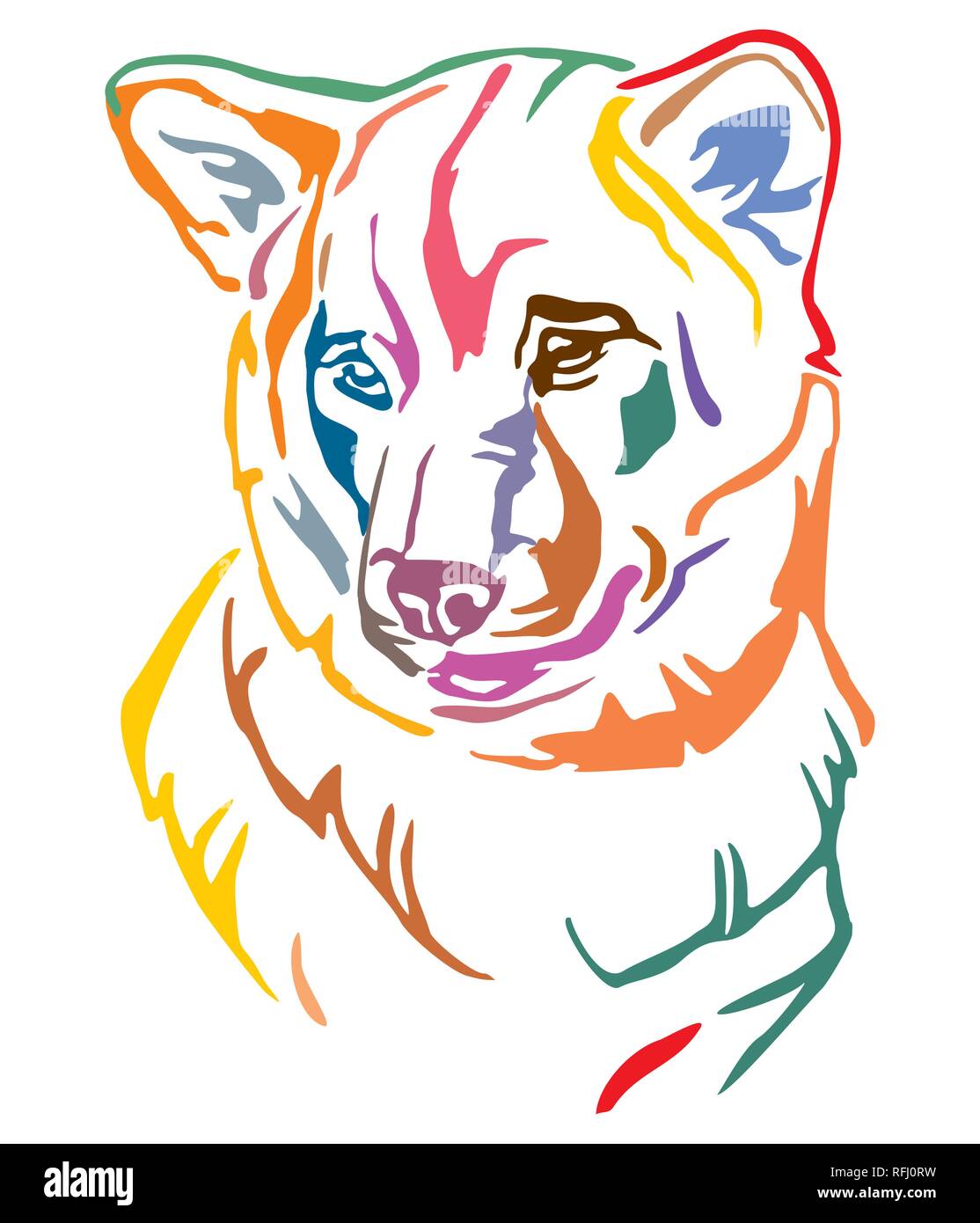Colorato contorno decorativo ritratto di cane Shiba Inu, illustrazione vettoriale in colori diversi isolati su sfondo bianco. Immagine per design e tatt Illustrazione Vettoriale