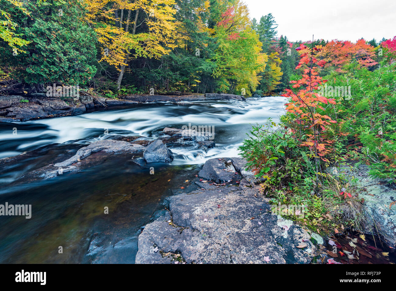 Rapids al di sopra del latticello cadono sul fiume Raquette, Montagne Adirondack, Lungo Lago, Hamilton Co., New York Foto Stock