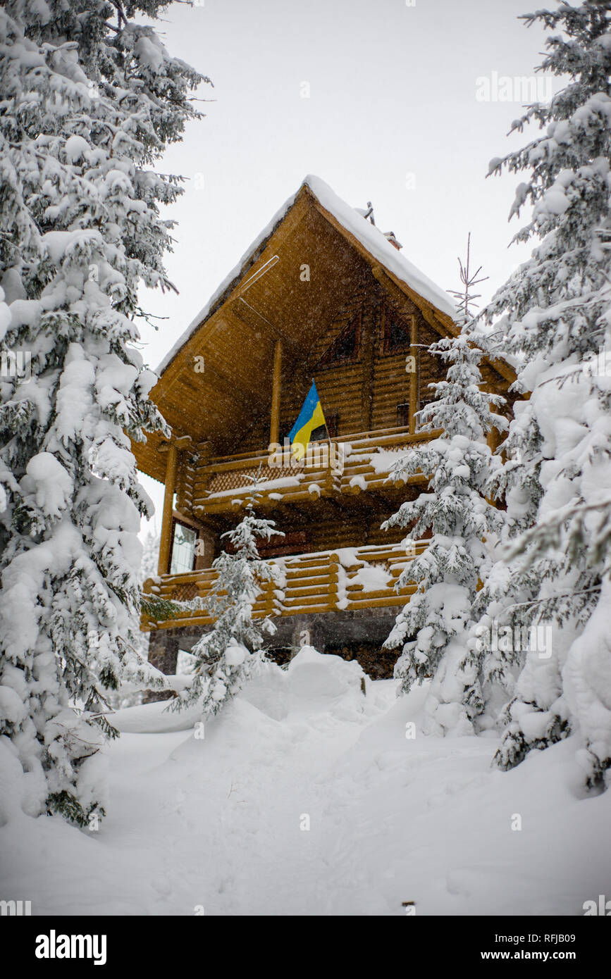 Nuova casa in legno nella foresta. Nevicava. casa bandiera dell'Ucraina Foto Stock