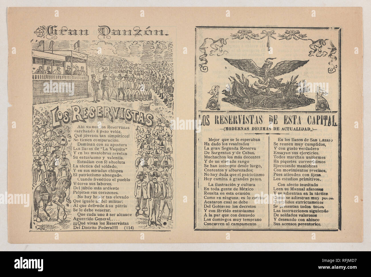 Broadsheet con una canzone su una riserva militare, militari in formazione. Artista: José Guadalupe Posada (Messicano, 1851-1913). Dimensioni: foglio: 11 13/16 × 7 7/8 in. (30 × 20 cm). Editore: Antonio Vanegas Arroyo (1850-1917, Messicana). Data: ca. 1890-1910. Museo: Metropolitan Museum of Art di New York, Stati Uniti d'America. Foto Stock