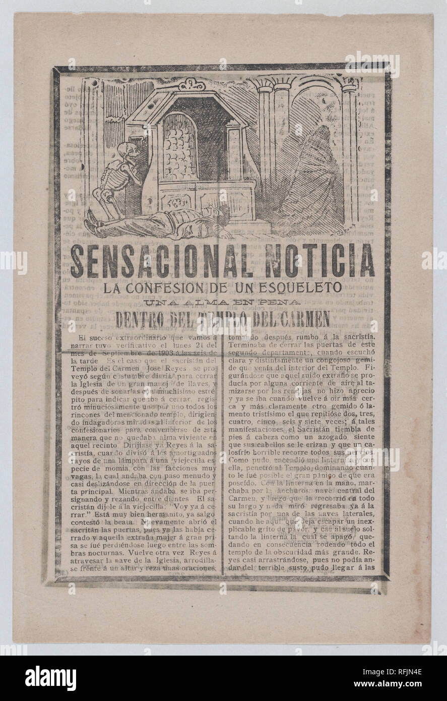 News storia circa l avvistamento di uno scheletro all'interno di un tempio santo, un uomo disteso sul pavimento mentre uno scheletro ritorna in una camera e di un ammantata figura esce a destra. Artista: José Guadalupe Posada (Messicano, 1851-1913). Dimensioni: foglio: 11 13/16 in. × 8 a. (30 × 20,3 cm). Editore: Antonio Vanegas Arroyo (1850-1917, Messicana). Data: 1903. Museo: Metropolitan Museum of Art di New York, Stati Uniti d'America. Foto Stock