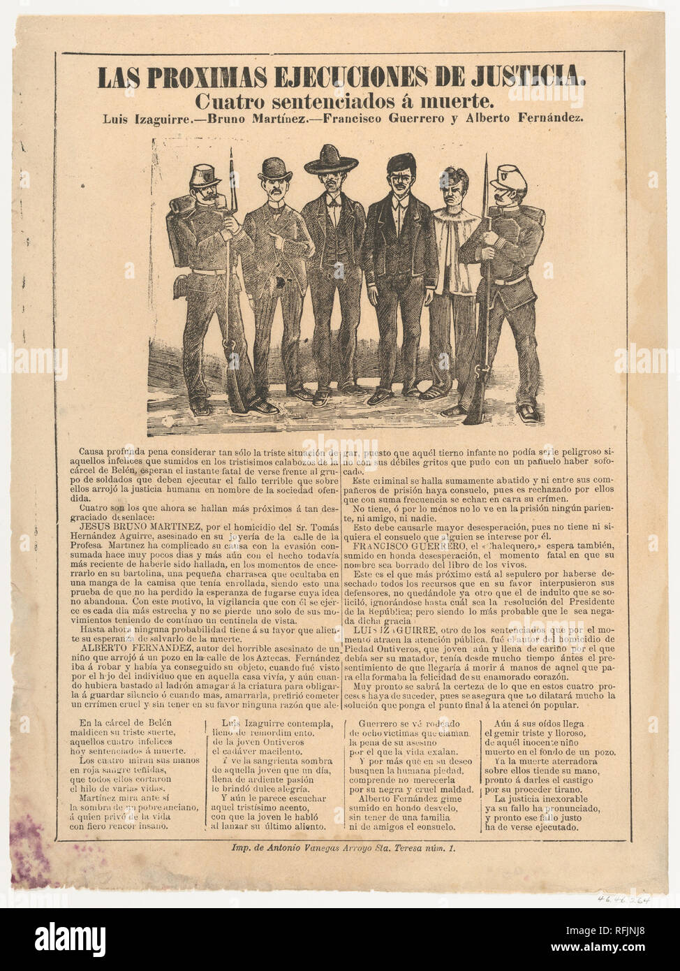 Broadsheet concernenti l'esecuzione di quattro uomini in nome della giustizia. Artista: José Guadalupe Posada (Messicano, 1851-1913). Dimensioni: foglio: 15 3/4 × 11 13/16 in. (40 × 30 cm). Editore: Antonio Vanegas Arroyo (1850-1917, Messicana). Data: ca. 1890-1910. Museo: Metropolitan Museum of Art di New York, Stati Uniti d'America. Foto Stock