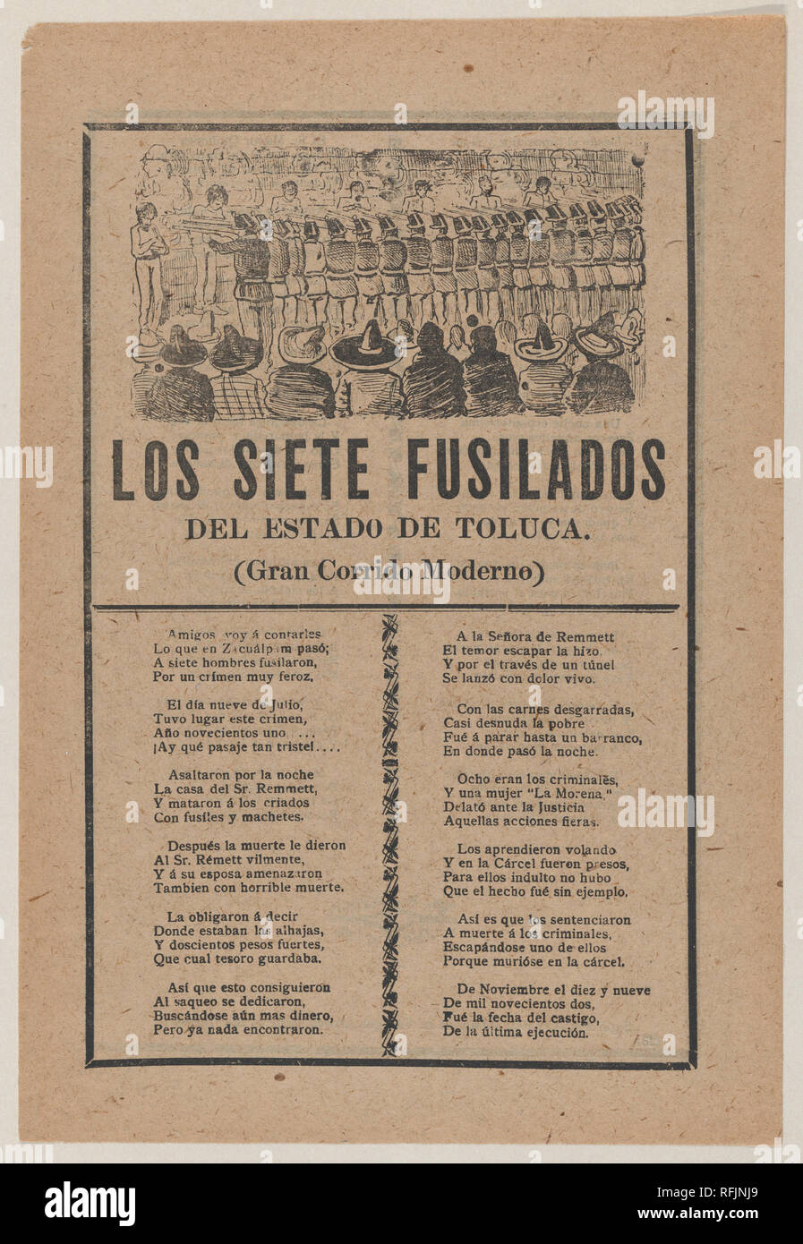 Broadsheet relative ai sette uomini eseguito da un plotone di esecuzione sul conto del loro assassinio il 9 luglio di tutta la famiglia di Sr Remmett a Toluca, una corrida nella sezione inferiore. Artista: José Guadalupe Posada (Messicano, 1851-1913). Dimensioni: foglio: 11 5/8 x 7 7/8 in. (29,5 × 20 cm). Editore: Antonio Vanegas Arroyo (1850-1917, Messicana). Data: 1902. Museo: Metropolitan Museum of Art di New York, Stati Uniti d'America. Foto Stock