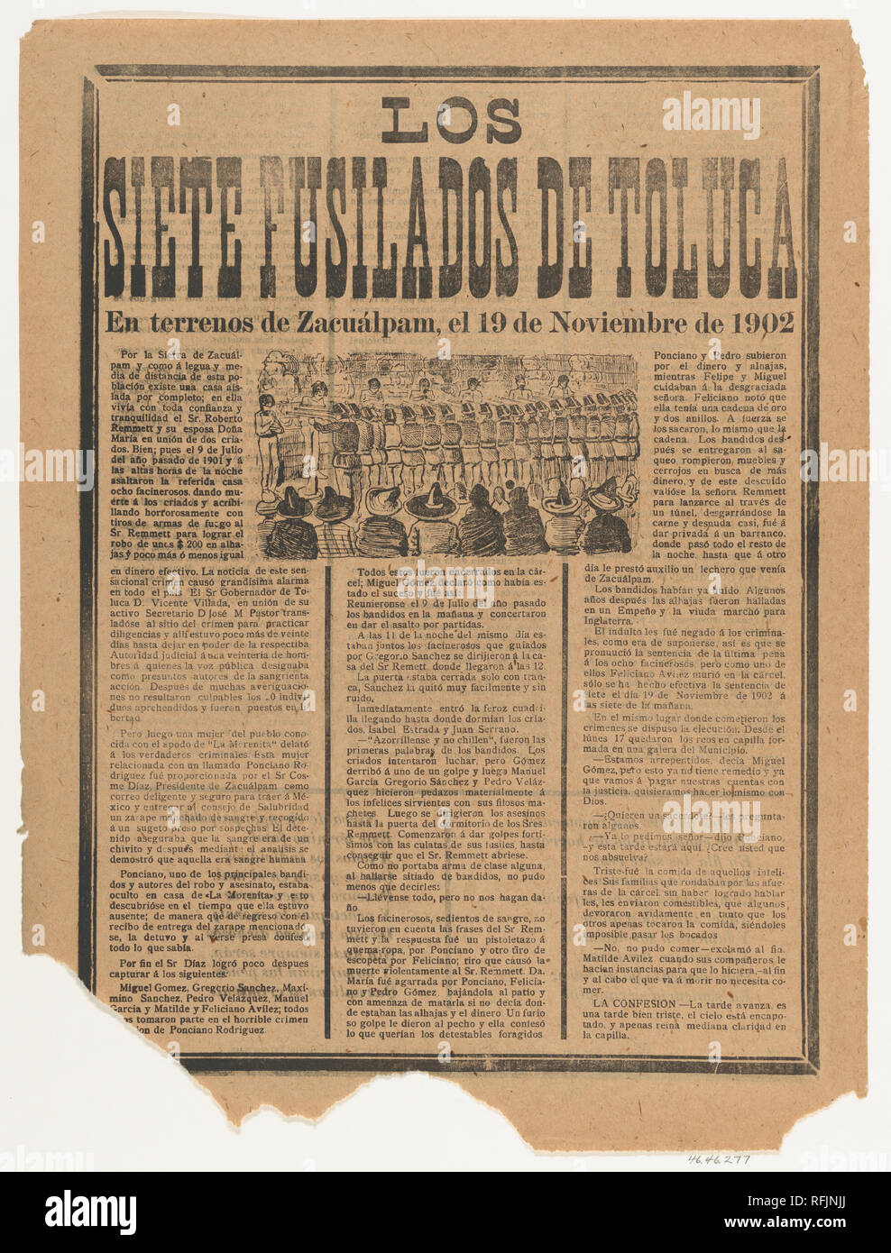 Broadsheet relative ai sette uomini essendo eseguito da un plotone di esecuzione del 19 novembre 1902 sul conto del loro assassinio il 9 luglio di tutta la famiglia di Sr Remmett a Toluca. Artista: José Guadalupe Posada (Messicano, 1851-1913). Dimensioni: foglio: 15 3/4 × 11 13/16 in. (40 × 30 cm). Editore: Antonio Vanegas Arroyo (1850-1917, Messicana). Data: 1902. Museo: Metropolitan Museum of Art di New York, Stati Uniti d'America. Foto Stock