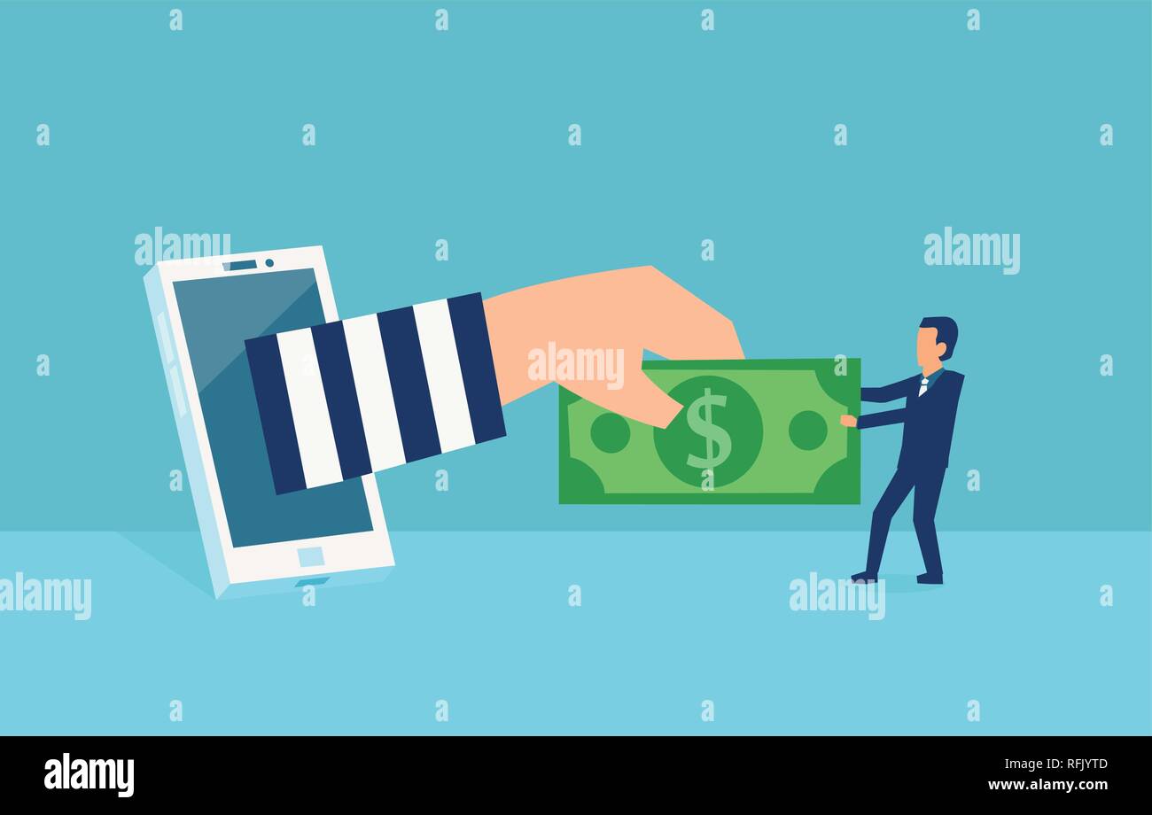 Cyber criminalità e furti online concetto. Vettore di un ladro virtuale la rottura in mobile internet account di un imprenditore rubare i soldi da lui Illustrazione Vettoriale