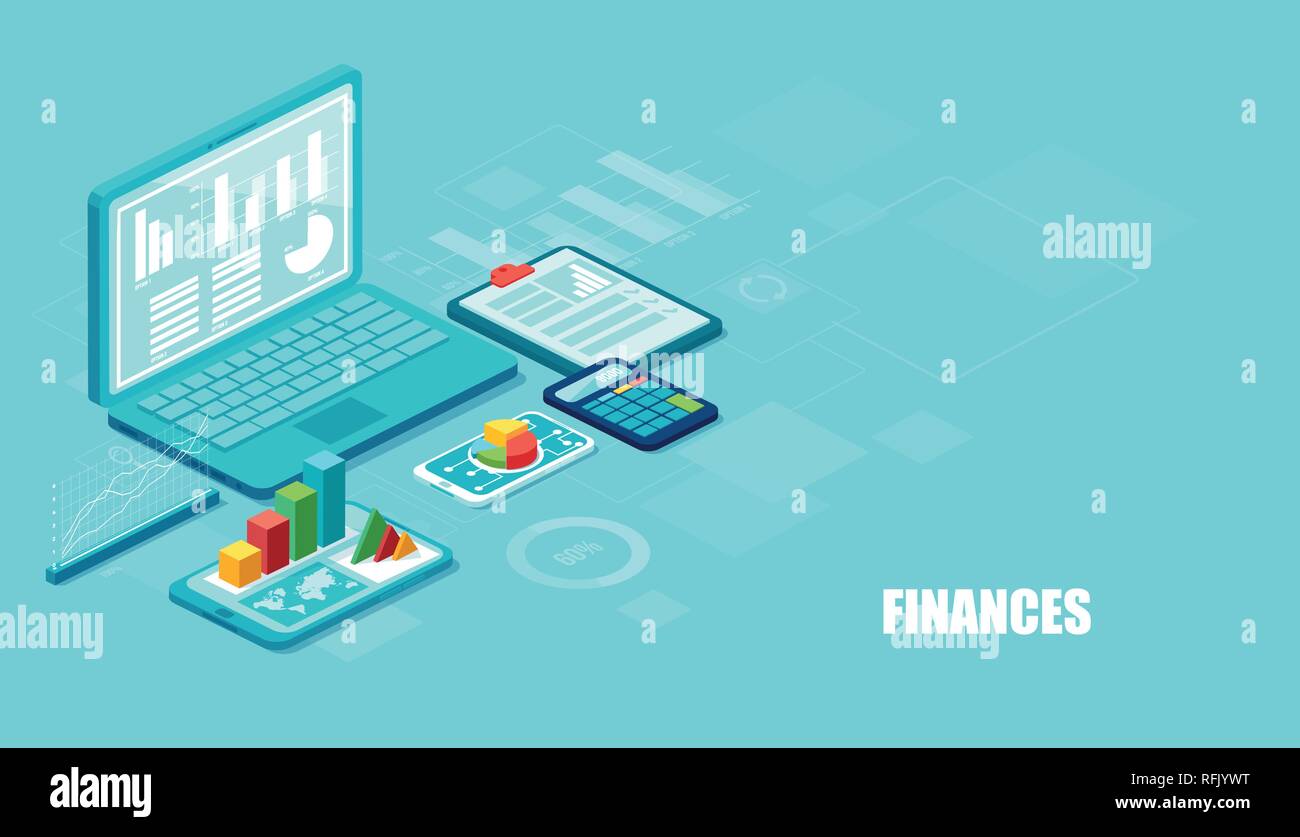 Finanza e innovativa tecnologia mobile concetto. Vettore isometrica di applicazioni finanziarie e servizi sul laptop e gadget moderni su sfondo blu Illustrazione Vettoriale