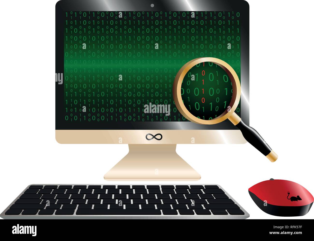 Moderno computer monitor con codice binario su sfondo verde e lente di ingrandimento - abstract illustrazione vettoriale. Programmazione, la sicurezza dei dati o del virus Illustrazione Vettoriale