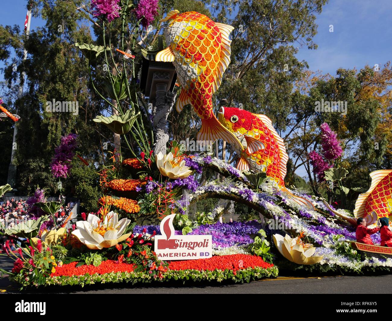 PASADENA, CALIFORNIA-Gennaio 1, 2018:Veduta laterale del Singpoli American BD galleggiante, vincitore del concorso a premi Award Foto Stock