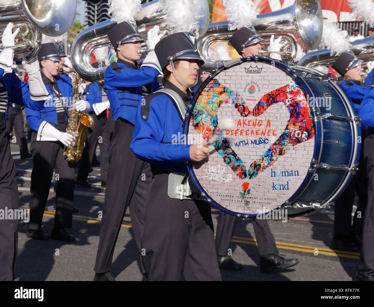 PASADENA, CALIFORNIA-Gennaio 1, 2018:Los Angeles Uniti Distretto Scolastico tutte le città onore Marching Band Foto Stock