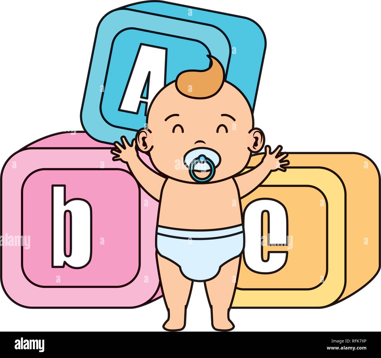 Little baby con blocchi alfabeto giocattoli icone Illustrazione Vettoriale