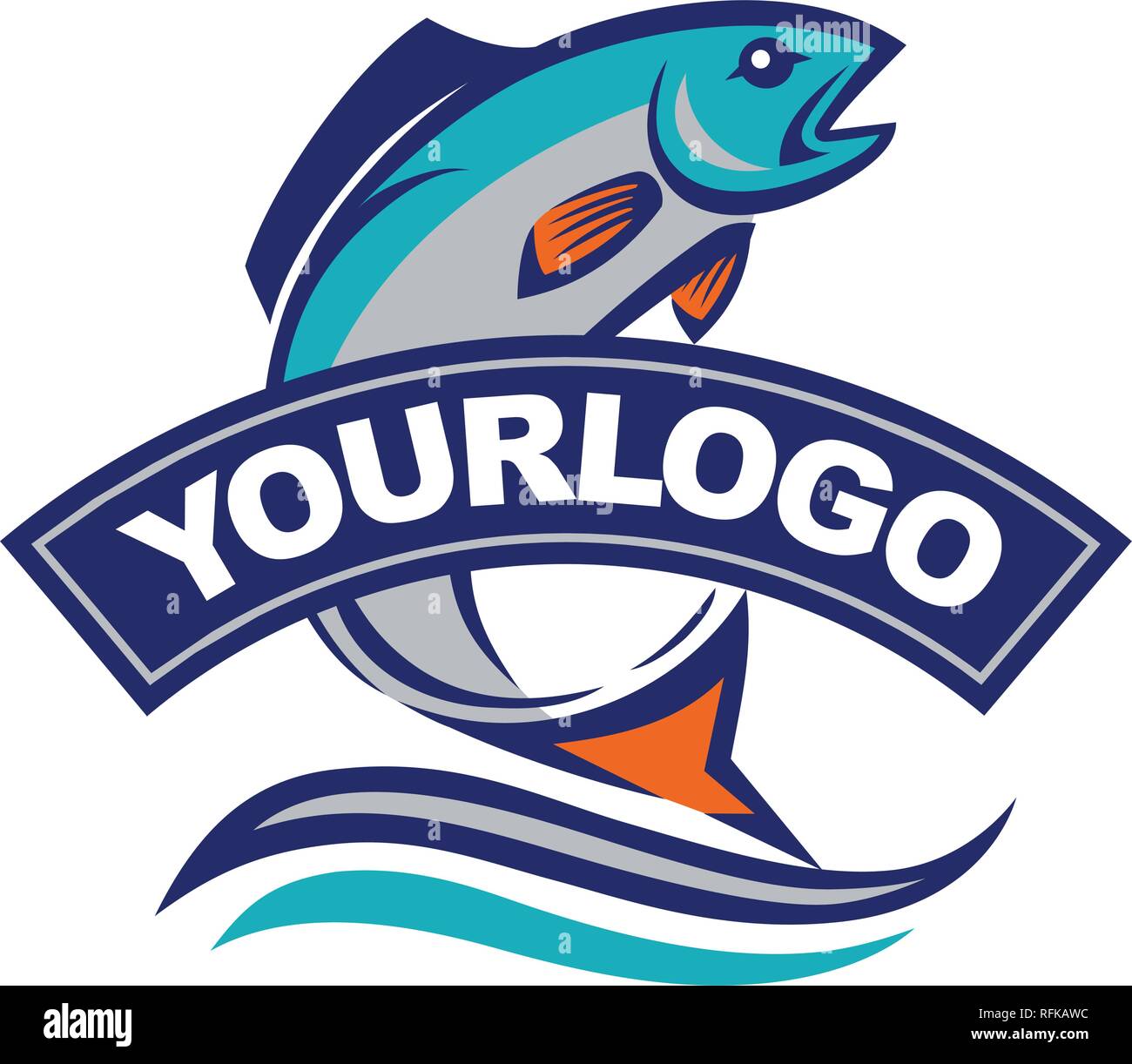Jumping vettore pesce logo design modello. Il ristorante di pesce idea. Illustrazione Vettoriale