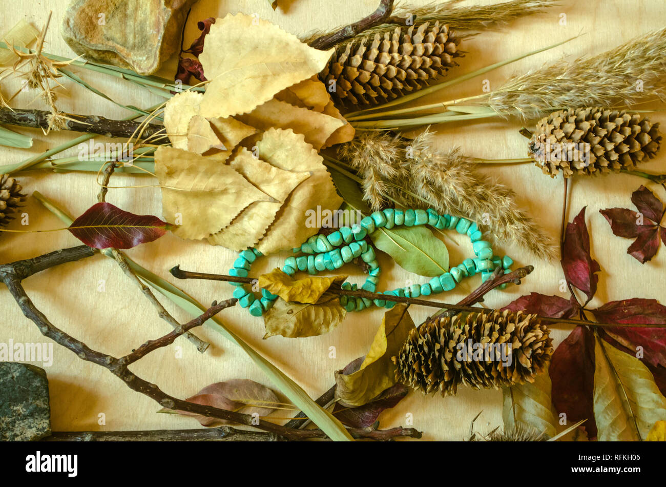 Perline di turchese a secco con foglie di autunno, pannocchie reed,spine,  pigne e pietre sul legno compensato di luce Foto stock - Alamy