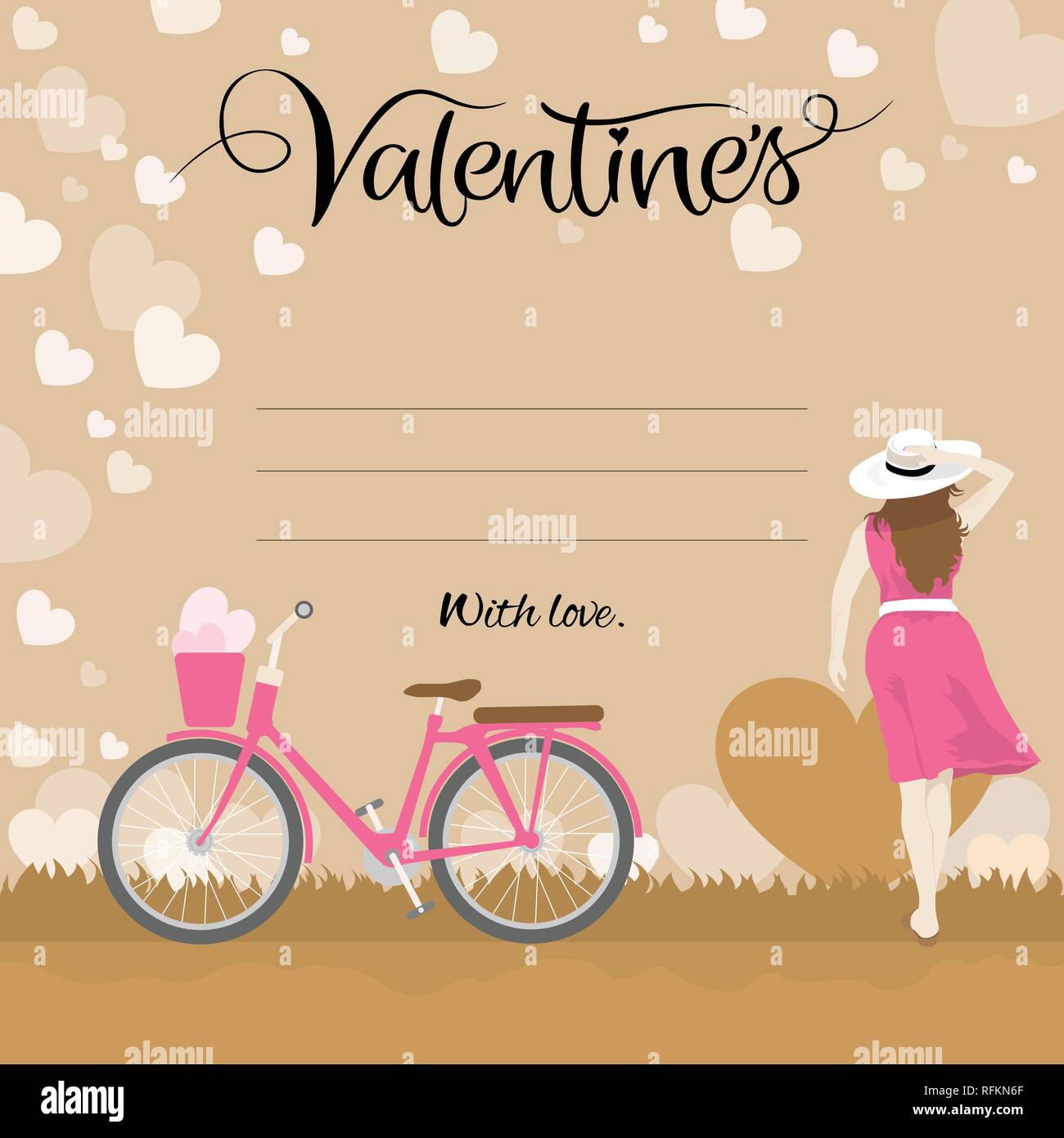 Happy valentines day greeting card, amore modello di scheda con la tipografia del testo con bella donna e bicicletta, illustrazione vettoriale Illustrazione Vettoriale