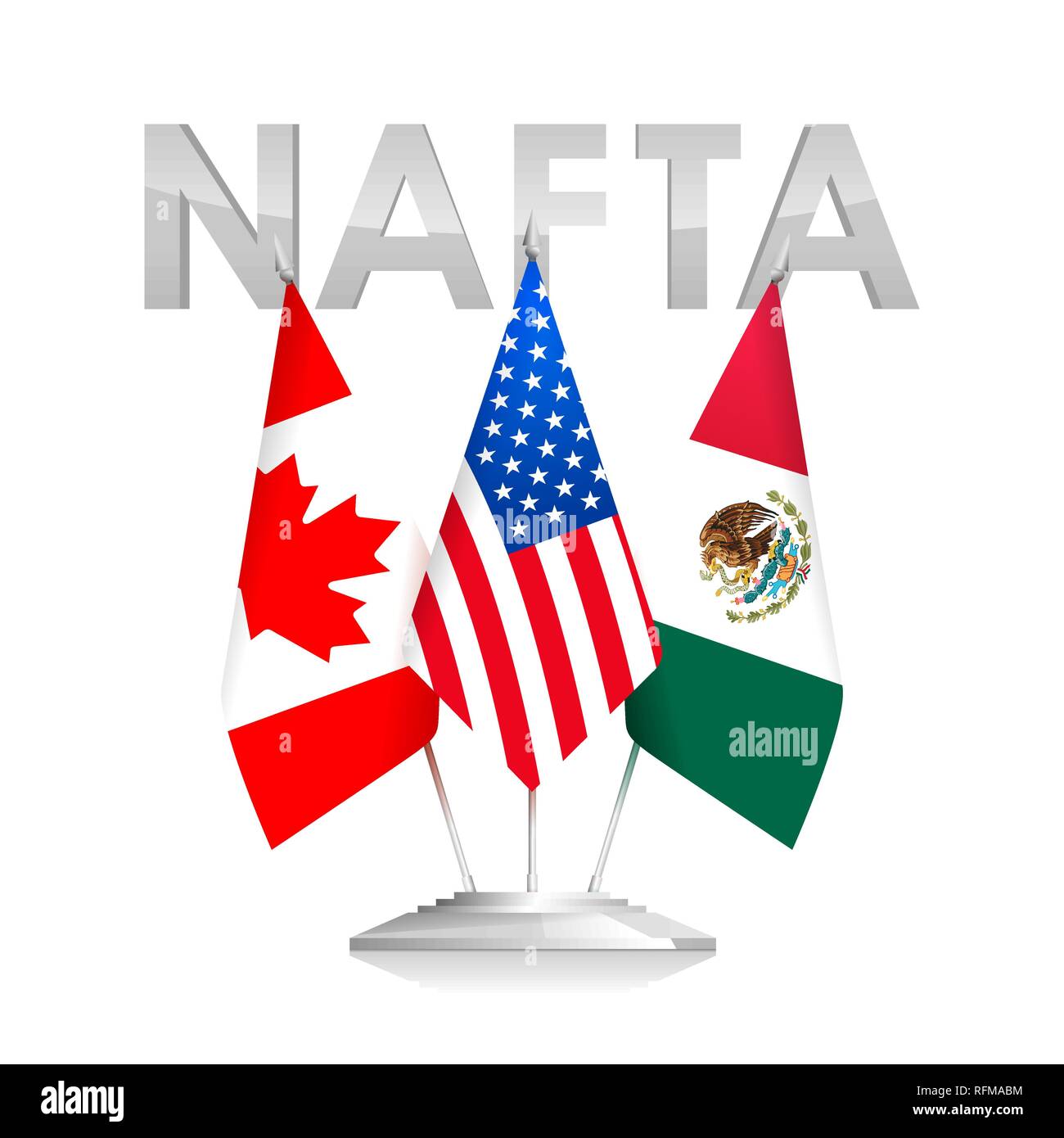 Le bandiere dei paesi NAFTA in Canada, Stati Uniti e Messico. L'accordo di libero scambio Nordamericano. Politico e notizie economiche illustrazione vettoriale Illustrazione Vettoriale