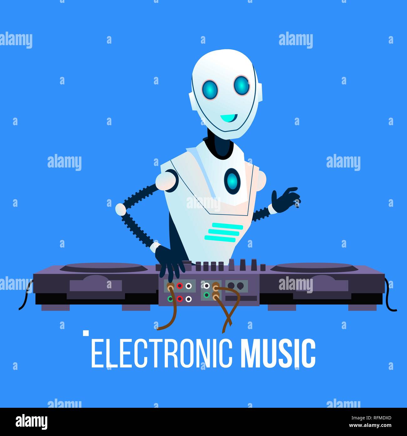 Robot Dj conduce la Parte la riproduzione di musica elettronica Nel Night Club vettore. Illustrazione isolato Illustrazione Vettoriale