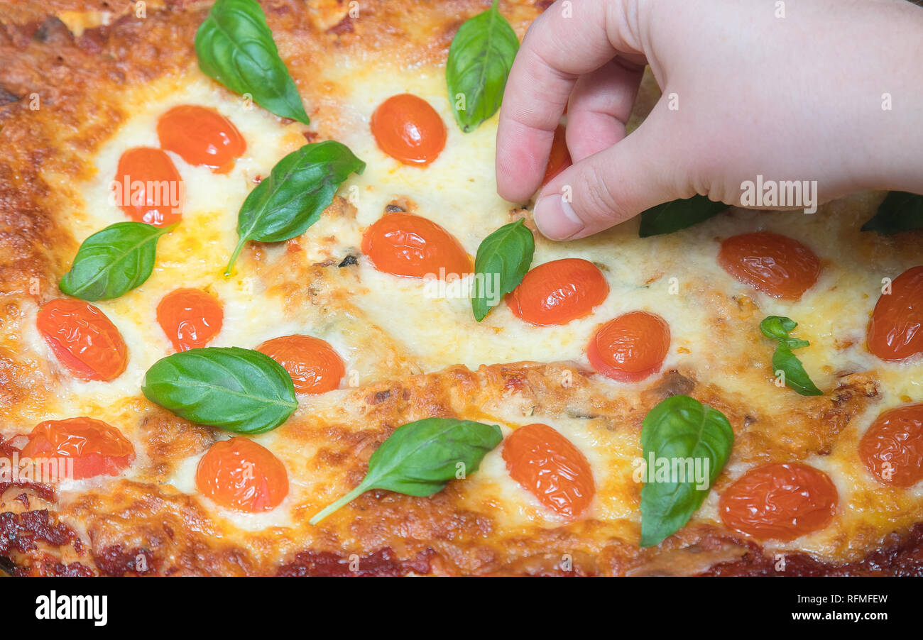Donna di decorazione a mano Lasagnette vegetariane con erbe nel vassoio da forno che è stato appena tolto dal forno Foto Stock