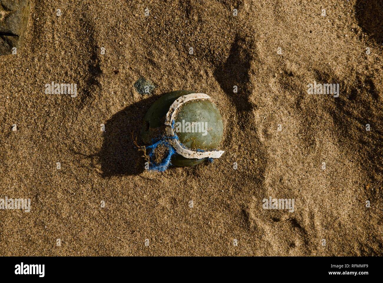 Rifiuti di plastica e inquinamento lavato fino a una spiaggia di Rhosneigr, Anglesey, Galles del Nord, Regno Unito Foto Stock