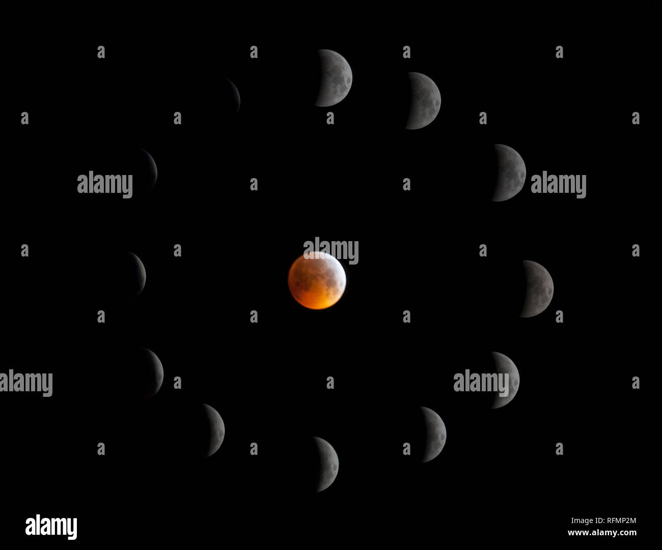 I cieli chiari hanno fornito una vista grande dell'ombra della terra che si muove attraverso la luna, permettendo una sequenza di eclissi attraverso la totalità di Super Blood Wold, Foto Stock