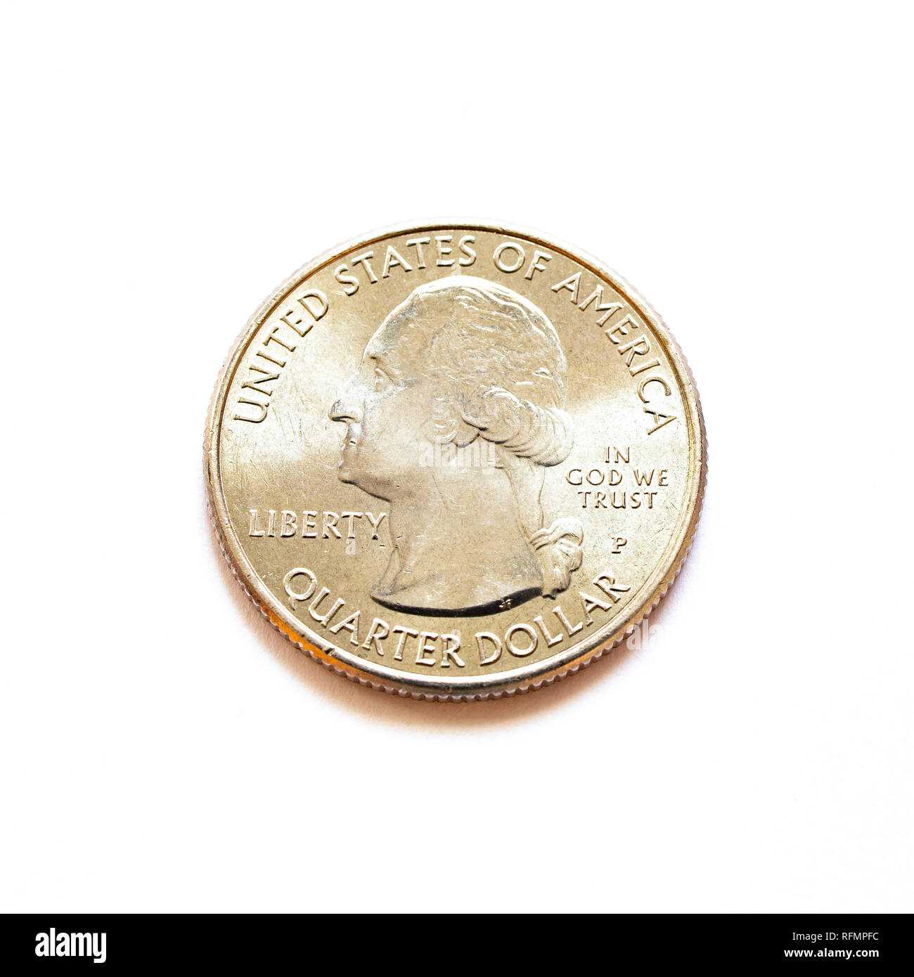 Un brillante quarto US dollar coin isolato. Foto Stock