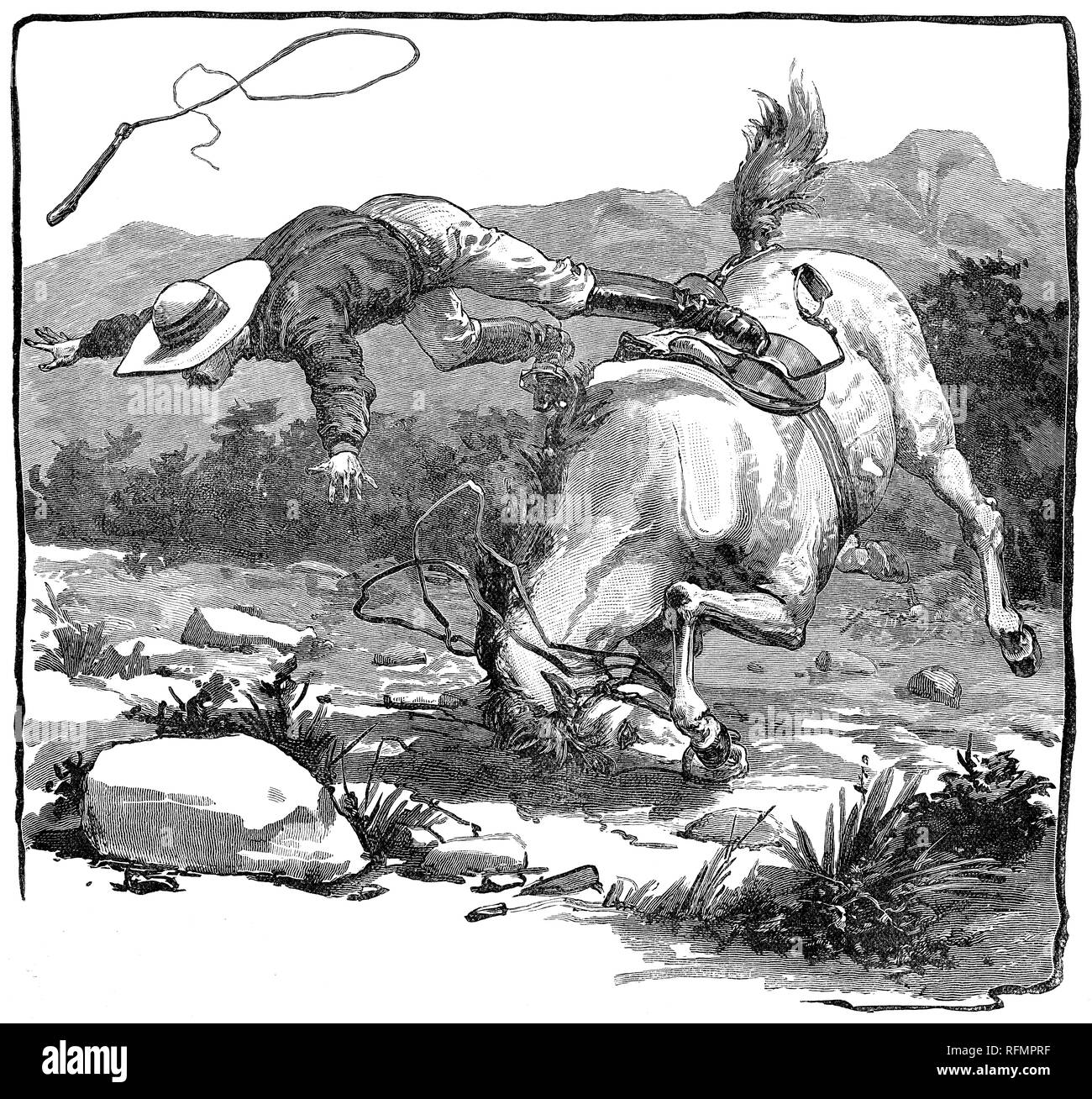 1888 incisione di un cowboy di essere sbalzati fuori dalla sua strappi cavallo. Foto Stock
