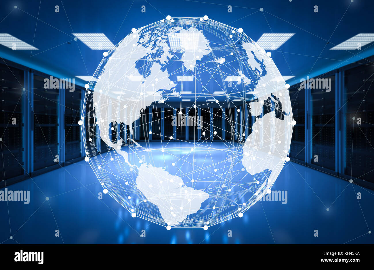 Global data center concetto col mondo in grafica 3D rendering sala server Foto Stock