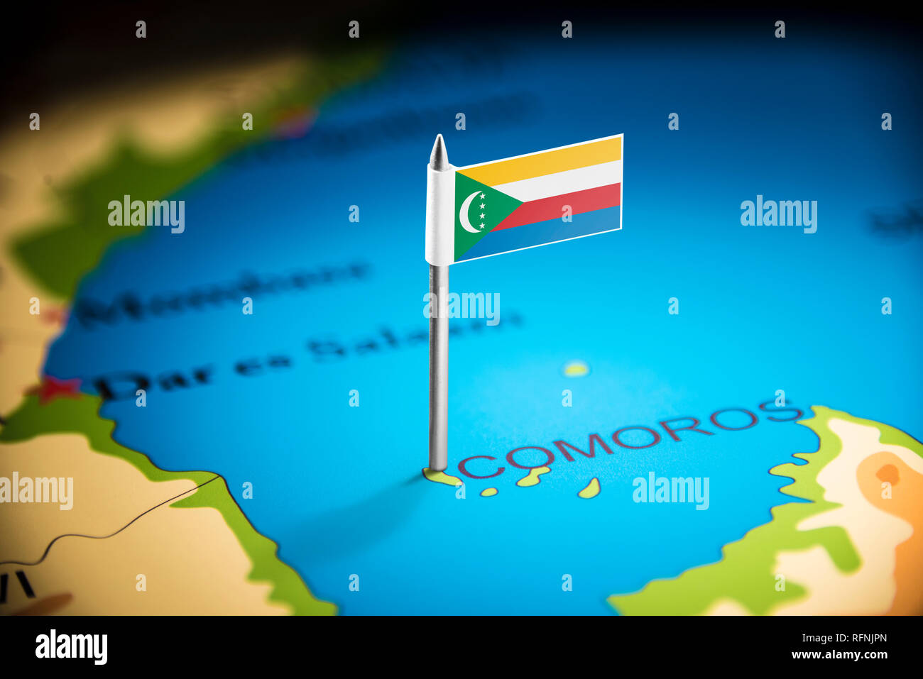 Comore marcati con un contrassegno sulla mappa Foto Stock
