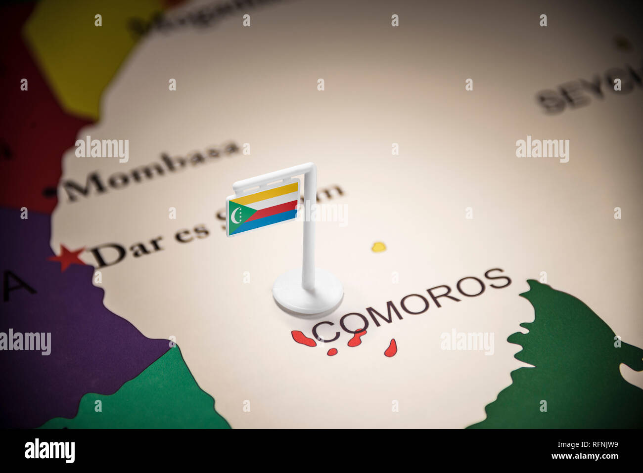 Comore marcati con un contrassegno sulla mappa Foto Stock